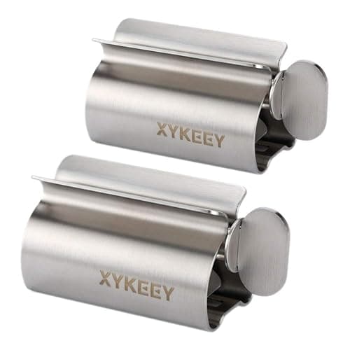 XYKEEY Set of 2 Toothpaste Squeezer Rollers, Metal Toothpaste Tube Wringer Seat Holder Stand (Stainless Steel) - Image 1