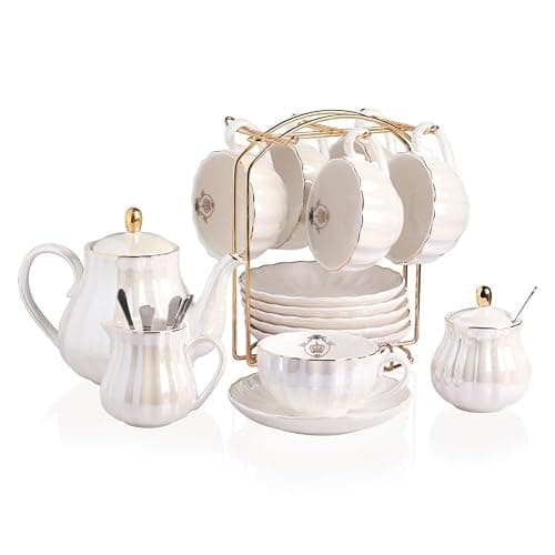 Sweejar Porcelain Tea Sets British Royal Series, 8 OZ Cups& Saucer Service for 6, with Teapot Sugar Bowl Cream Pitcher Teaspoons and tea strainer for Tea/Coffee (Coral White) - Image 1