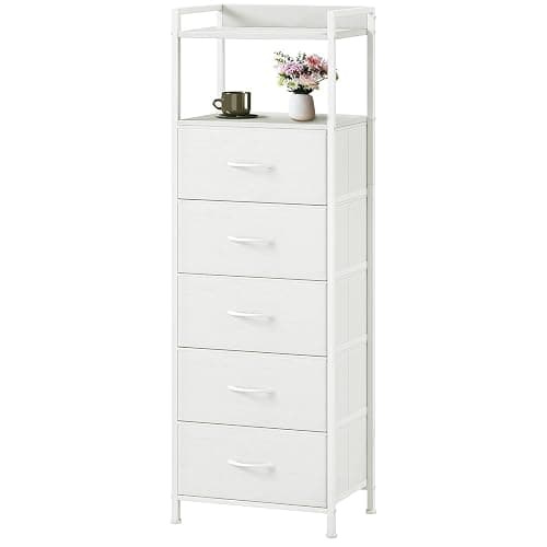 Somdot Tall Dresser for Bedroom, 5 Drawers Nightstand Vertical Storage Tower Unit, Night Stand Furniture with Fabric Drawer Organizer in Bedside Hallway, Entryway, Kids Room, Closet, White Leather - Image 1
