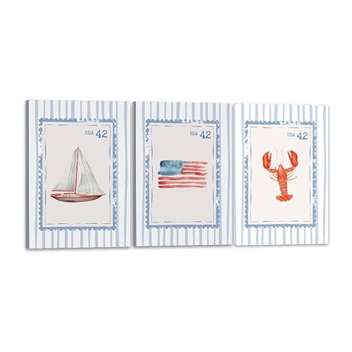 Blue Beach Stamp Set of 3 Canvas Poster Coastal Granddaughter Room Wall Art Decor Fisherman Preppy Aesthetic Prints Artwork for Girly Dorm Apartment Ocean Home Decoration 12x18inch Framed - Image 1