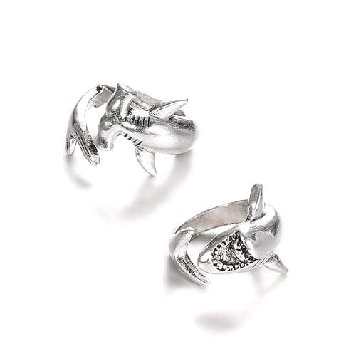 Yocoyee 2pcs White Shark and Hammerhead Shark Rings Necklace Ocean Animal Personality Jewelry for Women Men-2pcs - Image 1