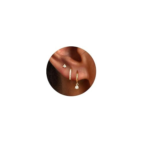 Freekiss 3 Pairs Gold Hoop Earrings Set: Dainty Stud Earrings Trendy Small 14K Gold Plated Hypoallergenic Dangle Cartilage Huggie Hoop Earrings for Women Gold Jewelry for Women Gifts - rounded cz dangle earrings-GD - Image 1