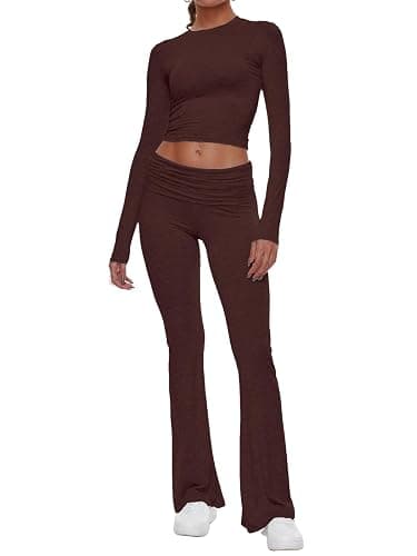 AnotherChill Women's 2 Piece Lounge Sets Fold-over Flare Pants Set Long Sleeve Cropped Top Casual Outfits Pajamas - Medium - Chocolate - Image 1