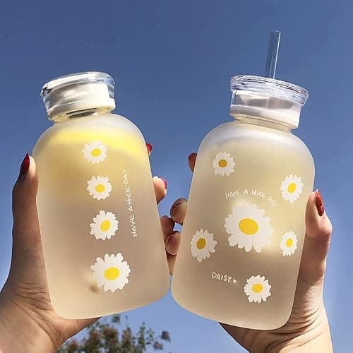 JZSMY 480ml Milk Juice Cute Water Bottle with Scale 2 Lids Little daisy Matte Portable Transparent Water Cup Glass Bottles Creative Handy Cup (1Pcs Six Flowers) - Image 1