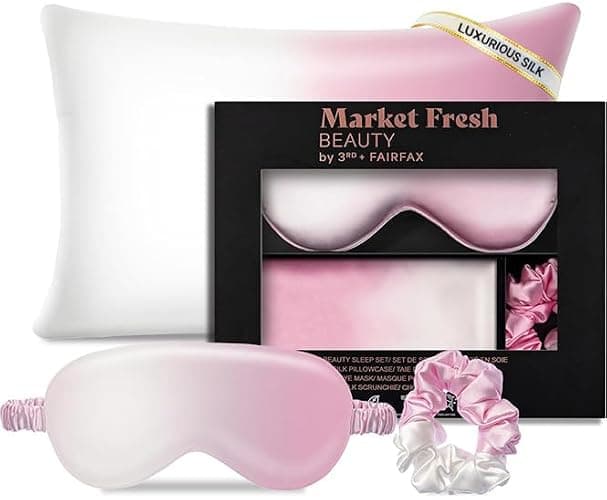 Market Fresh Beauty Mulberry Silk Pillowcase Gift Set, Eye Mask, Pillowcase, and Scrunchie for Gentle Sleep Reducing Breakage, Tangles, Creases, and Wrinkles - Queen Size - Pink & White - Image 1