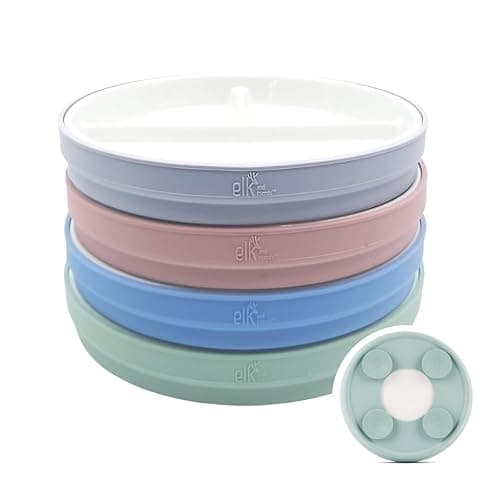 Elk and Friends Kids 7.8” Porcelain Divided Plates with Silicone Suction Sleeves | Suitable for Kids/Toddlers | Microwave & Dishwasher Safe | Non Slip | Snack Dishes | 4 Pack - Image 1