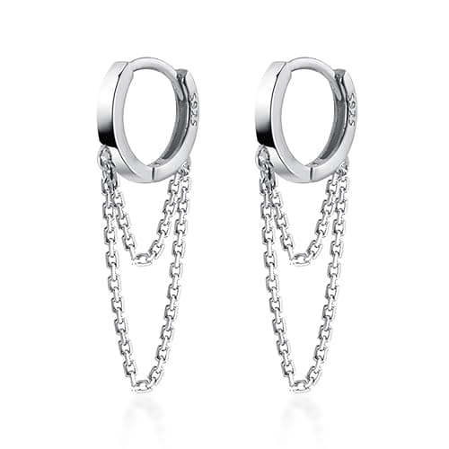 Reffeer Solid 925 Sterling Silver Tassel Chain Drop Dangle Small Hoop Earrings Huggie for Women Teen - Image 1