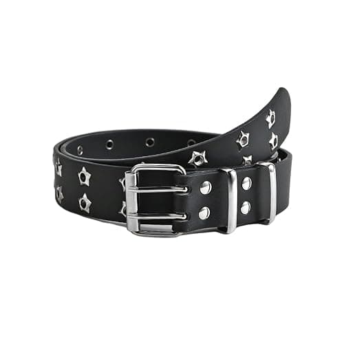 UICIOP Gothic Belt Star Rivet Double Needle Buckle PU Leather Belt Men's and Women's Jeans Fashion Belt - Black - One Size - Image 1
