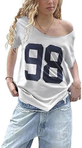 Women's Oversized Jersey Off Shoulder Shirt Crewneck Number Graphic T Shirt Y2k E-Girl Summer Going Out Tops - Image 1