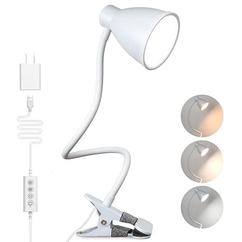 BOHON Clamp Lamp 5 Color Modes 10 Brightness Dimmer Bedside Lamp, White | Reading Light 10W 38 LED Desk Lamp with Auto Off Timer 360° Flexible Gooseneck Clip on Light for Bed Office, Adapter Include - Image 1