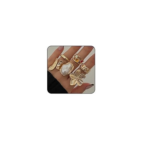 Otxas Chunky Rings for Women Adjustable Statement Rings Baroque Pearl Flower Ring Stackable Rings Set 6Pcs Chunky Jewelry - Image 1