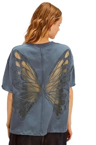 VAOYIU Women's Oversized Butterfly Wing T-Shirt Casual Loose-Fit Short Sleeve Sheer Mesh Back Design Basic Tee - Image 1