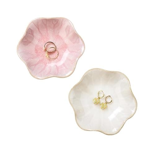 JAMEND CLXP 2PCS Lotus Leaf Shape Ring Holder Dish, Small Key Bowl, Ceramic Trinket Tray Jewelry Dish Organizing Necklace Earrings for Mom Friend Sister, All Jewelries Are NOT Included. White +Pink.… - Image 1