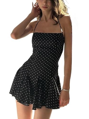 JOLILUNA Polka Dot Halter Mini Dress for Women Y2k Sleeveless Ruffle Hem Backless Mini Dress Vintage Streetwear Summer - Image 1