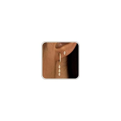 Treasure Bender 2 Pairs Gold Huggie Hoop Earrings for Women 14k Gold Plated Diamond Stud Earrings Set Drop Dangle Hypoallergenic Cubic Zirconia Flat Back Earring Gold Jewelry for Women Gift - Image 1