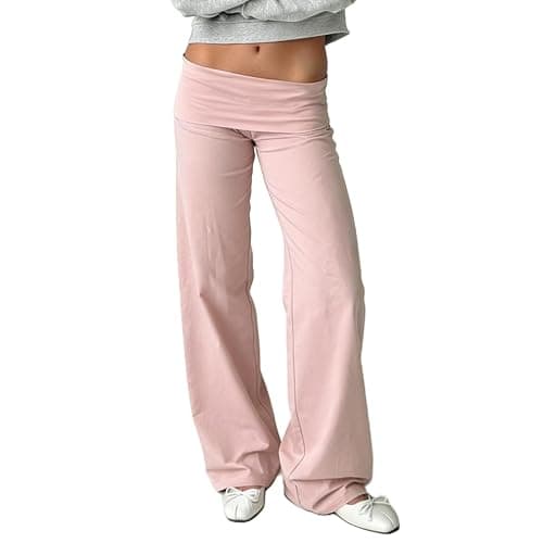 FOMOYUU Fold Over Lounge Pants for Women Y2K Low Rise Wide Leg Yoga Sweatpants Stretchy Foldover Pants Workout Bottoms - Image 1
