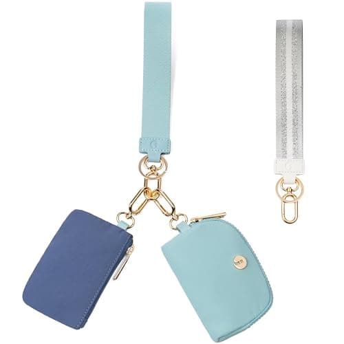 JEEBURYEE Dual Pouch Wristlet Keychain Wallet with 2 Wrist Straps - Small and Portable Mini Zipper Coin Purse Card Wallets for Women Men Gold Hardware Navy+Ice Blue - Image 1