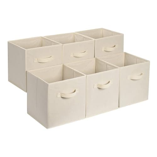 Amazon Basics Collapsible Fabric Storage Cube Bins Organizer with Handles, Sturdy, Beige, 13-x-13-x-13-inch, Pack of 6 - Image 1