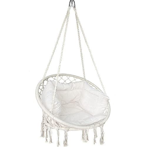VOUNOT® Hanging Chair with Cushion, Macrame Hammock Swing Chair for Bedroom, Balcony, Patio, Garden, Indoor or Outdoor, 265LBS Capacity, Beige - Image 1