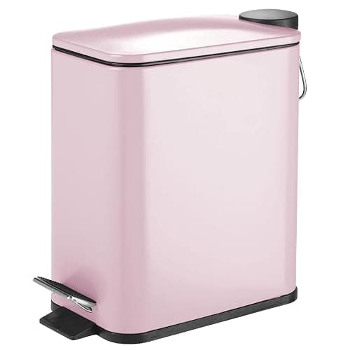 mDesign Slim Metal Rectangle 1.3 Gallon Trash Can with Step Pedal, Easy-Close Lid, Removable Liner - Narrow Wastebasket Garbage Container Bin for Bathroom, Bedroom, Kitchen, Office - Matte Blush Pink - Image 1