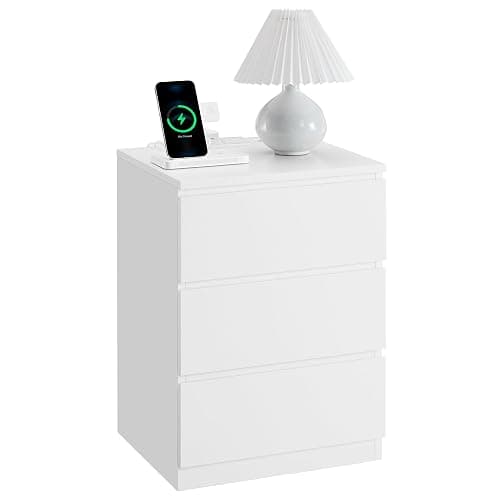 VASAGLE Nightstand with Charging Station, 2 AC Outlets and 2 USB Ports, Bedside Table, Side Table with 3 Drawers, Modern Style, 13.8 x 15.7 x 23.2 Inches, Cloud White ULET631W16 - Image 1