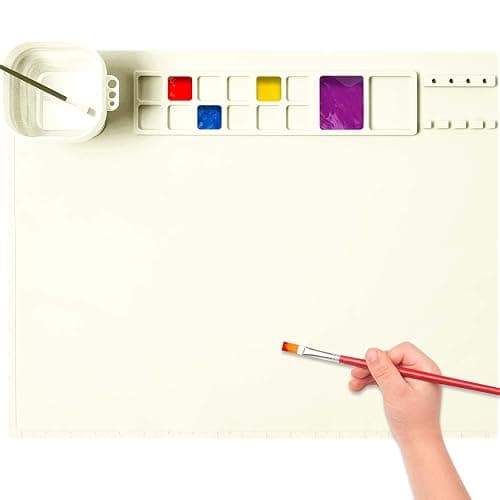 AWOKE Silicone Painting Mat for Kids - 20"X16" Art & Craft Mat with 12 Color Dividers, 2 Paint Palettes, 1 Water Cup - Toddler Activities Paint Mat, Ideal Gift for 3 4 5 Year Old Boys & Girls (Beige) - Image 1