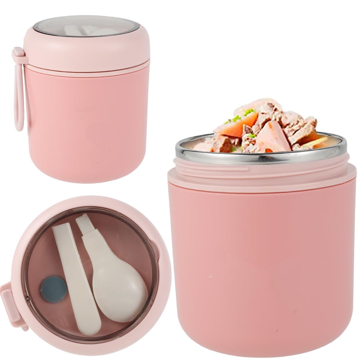 Insulated Food Jar with Spoon, Soup Food Flask,Stainless Steel Vacuum Food Soup Bottles That Keep Foods Hot, Insulated Food Container Wide Mouth Hot Food Jar(Pink 530ml) - Image 1