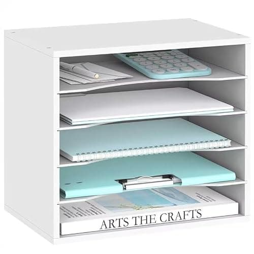 SUPEASY Wood Desk Organizer, 5 Tier Paper File Organizer for Desk, Wooden Desktop Organizer, Paper Letter Literature Mail Sorter, for Office School & Home Organization, White - Image 1