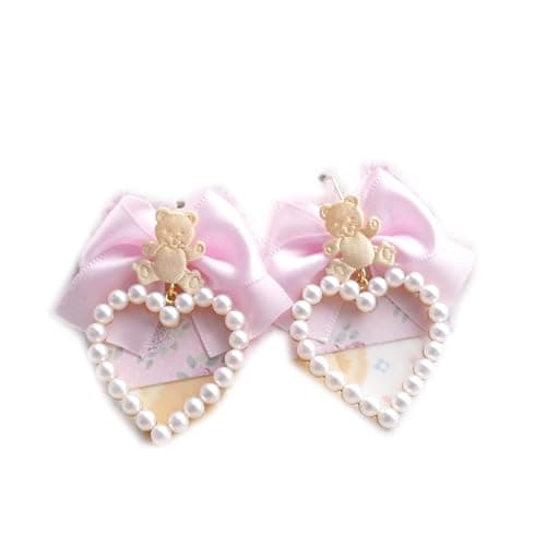 Super Cute Little Teddy Bear Baby Pink Bow Pearl Heart Earrings (Dangle/Clip On), Kawaii Everyday Jewellery DDLG Fairy Kei Sweet - Image 1