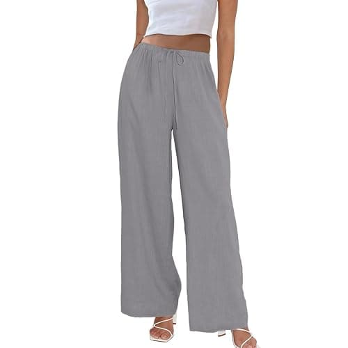 Duyang Womens Cotton Linen Palazzo Pants Drawstring Elastic Waist Casual Wide Leg Trousers with Pockets - Image 1