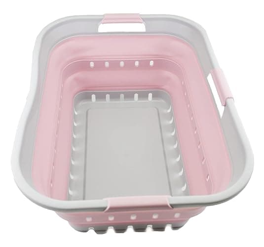 SAMMART 42L (11 gallon) Collapsible Plastic Laundry Basket - Foldable Pop Up Storage Container/Organizer - Portable Washing Tub - Space Saving Hamper/Basket (Grey/Pale Pink) - Image 1