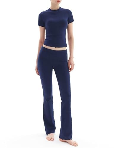 PUMIEY Women's 2 Piece Lounge Sets Short Sleeve Tops Fold-Over Flare Pants Casual Outfits Matching Set Nap Collection - Image 1