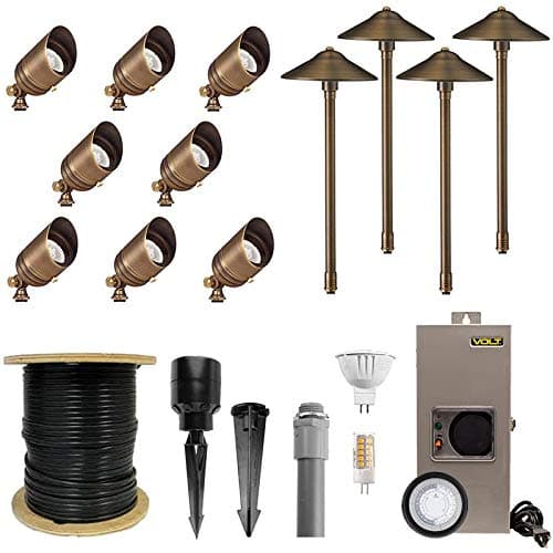 VOLT 12V Brass Bronze LED Landscape Lighting Kit (8 Spotlights, 4 Path Lights) with 150W Low Voltage Transformer for House, Yard, Outdoor Pathway, Walkway, Garden, Driveway or Patio - Bronze - Image 1