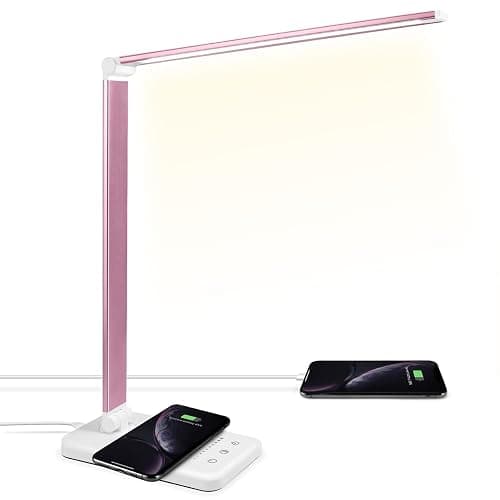 JOSTIC LED Desk Lamp with Wireless Charger, USB Charging Port, Desk Lighting with 10 Brightness, 5 Color Modes, Dimmable Eye Caring Reading Desk Lamps for Home Office, Touch Control, Auto Timer, Pink - Black-10w Pro - Image 1