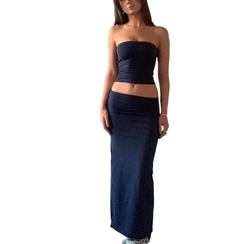Passec Vintage Lace Maxi Skirt Set Women 2 Piece Outfit Strapless Split Tube Top and Maxi Skirt Set Going Out - Tube-black - Small - Image 1