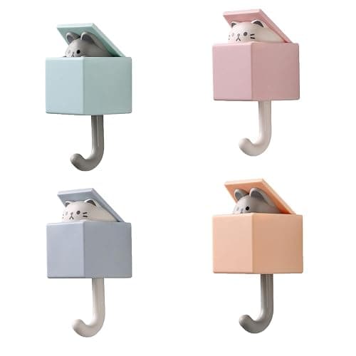 RELABTABY Creative Adhesive Coat Hook,4 Pcs Cute Pet Hooks for Coat, Scarf, Hat, Towel,Key, Bag, Utility Cat Hook for Wall Hanging Decorations(4 colors) - Image 1