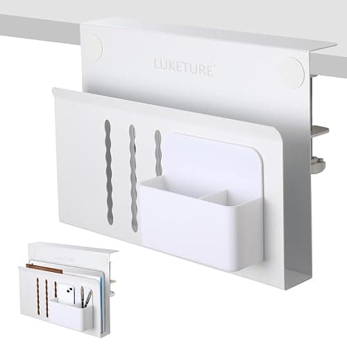 LUKETURE Desk Side Storage, Steel Side Desk Organizer, No Drill Laptop Holder, Clamp on Laptop Mount with Pen Holder, Table Hanging Storage for Home Office, Fits Flat Edge Tables 0.3" to 2.8" - Image 1