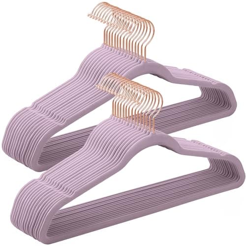 SONGMICS Velvet Hangers 30 Pack, Non-Slip Hangers with Rose Gold-Colored Swivel Hooks, Slim Space-Saving Hangers, Velvet Hangers for Closet, Heavy-Duty Hangers, Light Purple UCRF026P31 - Image 1