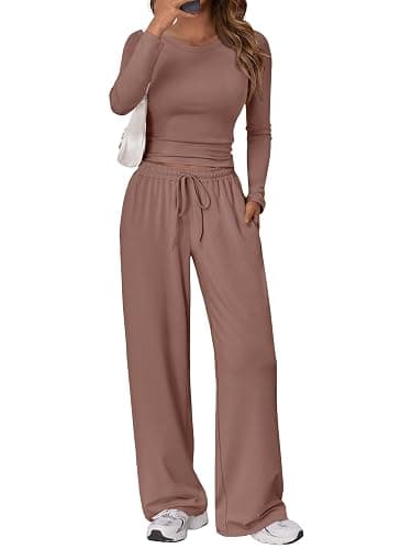 Trendy Queen Women's 2 Piece Matching Lounge Set Long Sleeve Slightly Crop Top Wide Leg Pants Casual Sweatsuit - Image 1