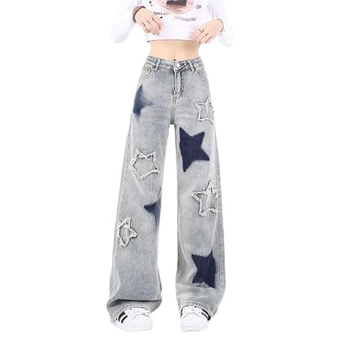 Lafaguw Cute Jeans for Women Girls Star Patchwork Pants Y2K High Waisted Straight Leg Baggy Jean Casual Preppy Clothes - Small - Linght Blue1 - Image 1