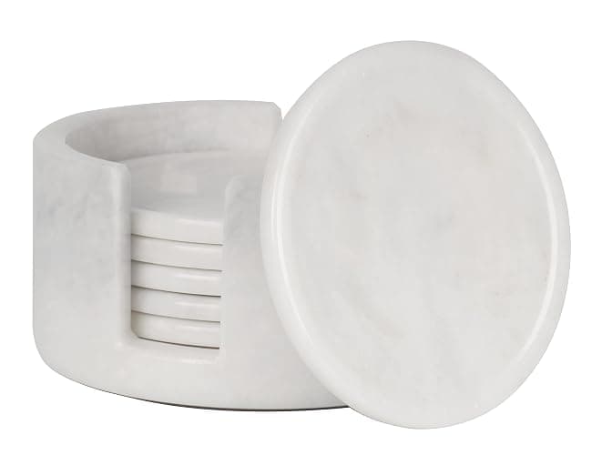 Radicaln White Marble Coasters Set of 6 Handmade 3.5" Inch Round Coasters for Drinks, Elegant Coaster Set with Holder for Dining and Coffee Table - Image 1