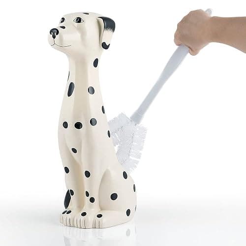 Allure Home Creation Dalmatian Dog White & Black 2-Piece Ceramic Toilet Brush Holder w/White Plastic Handled Scrub Brush, 9.4” x 5.3” x 16.7” - Image 1