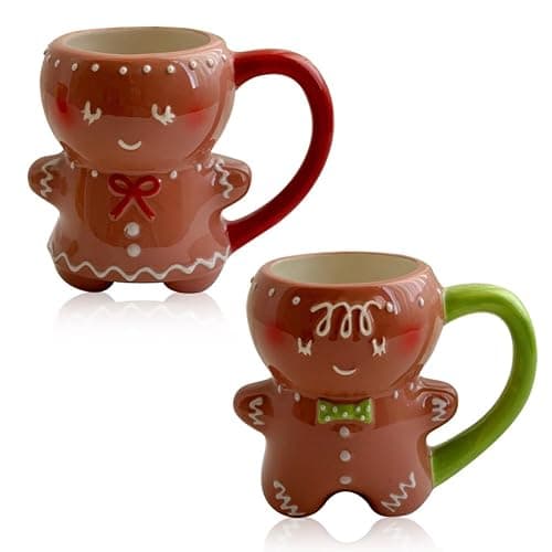 GKWW 2Pack Gingerbread Man Mug Cute Ceramic Gingerbread Man Coffee Cup Adorable Festive Ceramic Coffee Cup Winter Green Red Holiday Birthday Tabletop Drinkware Teacup Gifts for Adults Kids Women - Image 1
