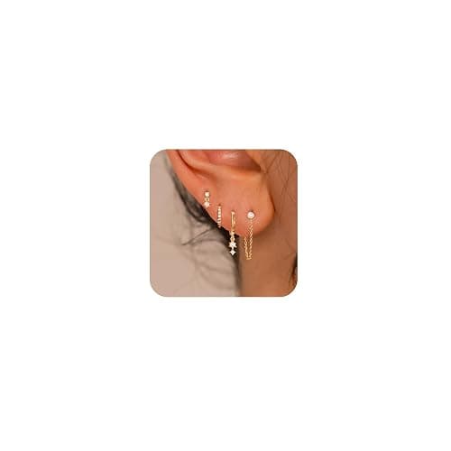 SELSHE Gold Plated Earrings for Women, 14k Gold Plated Earring Stack Hypoallergenic Pearl Drop Earring Dainty Earrings for Women Trendy Cute Small Huggie Hoop Earring Fashion Womens Jewelry - Image 1