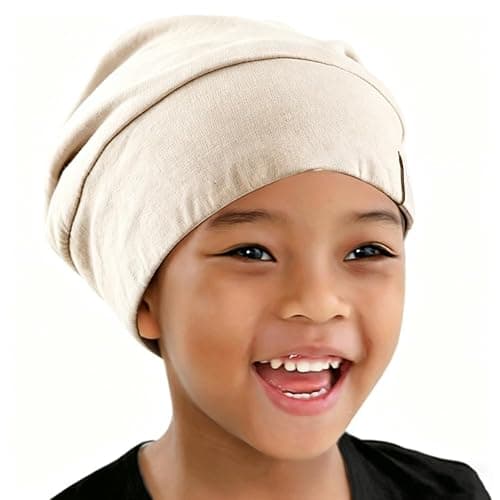 ELIHAIR Kids Beanie Sleep Hats Bonnet for Child Curly Frizzy Hair Daily | Night Sleep Cap Silky Lined Satin Bonnet with Adjustable Elastic Band for Teens Toddler Cover Running Sports (Warm Oatmeal) - Image 1