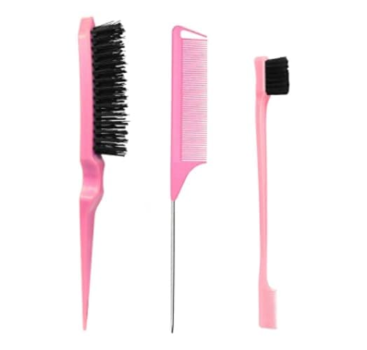 xiangwenlan Pink comb Set 3 Pcs. slick back hair brush,Slick Back Brush with Edge Brush, styling comb for kids for middle part,Rat Tail Comb, Teasing Brush Set for Smoothing brush Baby Hair - Image 1