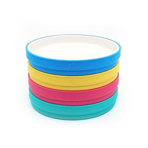 Elk and Friends Kids 7.8” Porcelain White Plates with Silicone Sleeves | Suitable for Babies/Toddlers | Microwave & Dishwasher Safe | Non Slip Dinnerware | Snack Dishes | 4 Pack - Image 1