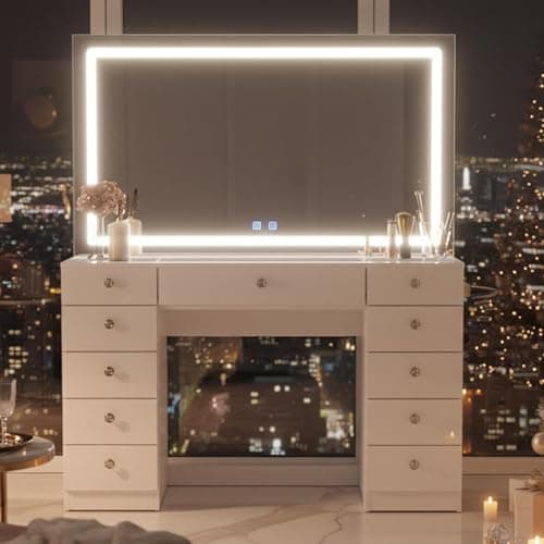 Boahaus Amelia Large Makeup Vanity Desk with Dimmable LED, 2 Bluetooth Speakers, USB Type C & Type A, 110 V Power Outlet, 11 Drawers, Crystal Knobs, Premium White - Image 1