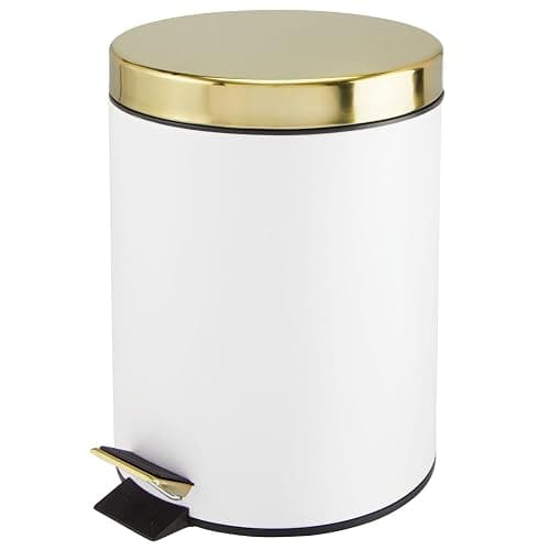 mDesign Pedal Bin — Metal Waste Bin with Pedal, Lid and Plastic Bucket Insert — Perfect for Bathroom, Kitchen, and Office — Household Rubbish Bin with Ergonomic Design — White/Gold - Image 1