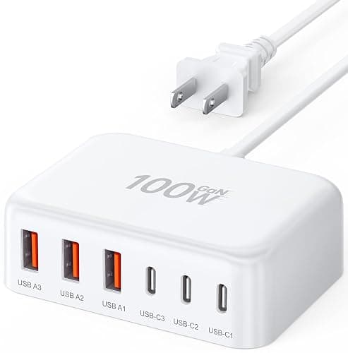 USB C Fast Charger, 100W GaN 6 Port Type Charging Station Hub Block Cube, Wall Charger Power Strip Adapter Plug for iPad iPhone 16 15 14 13 12 Pro Max Pixel Note Galaxy, 5ft Cord - Image 1